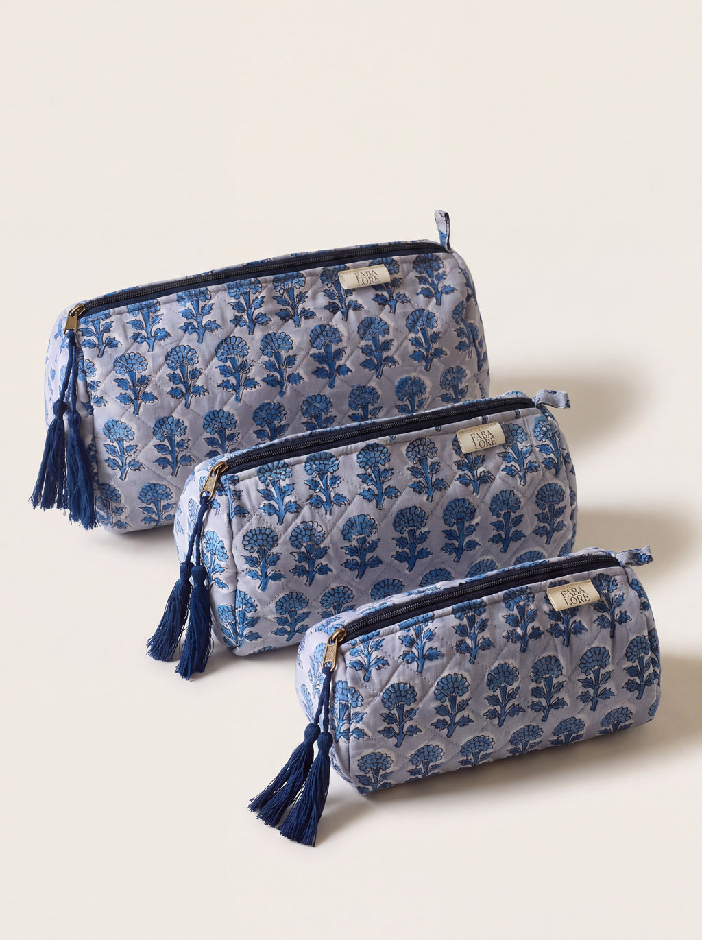 Indigo Bloom Quilted Pouch Set — Set of 3