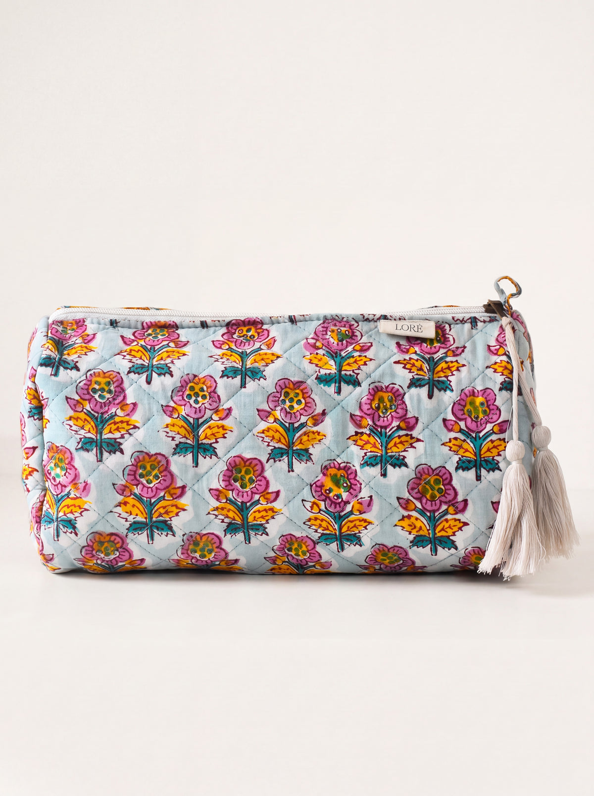 Large Fabalore Marigold Bloom quilted floral pouch in light blue with pink and golden flowers.
