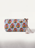 Small Fabalore Marigold Bloom quilted floral pouch with cream zipper and tassels.