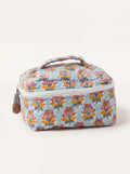 Fabalore Marigold Bloom quilted vanity case with colorful floral print, top handle and zip-around closure.