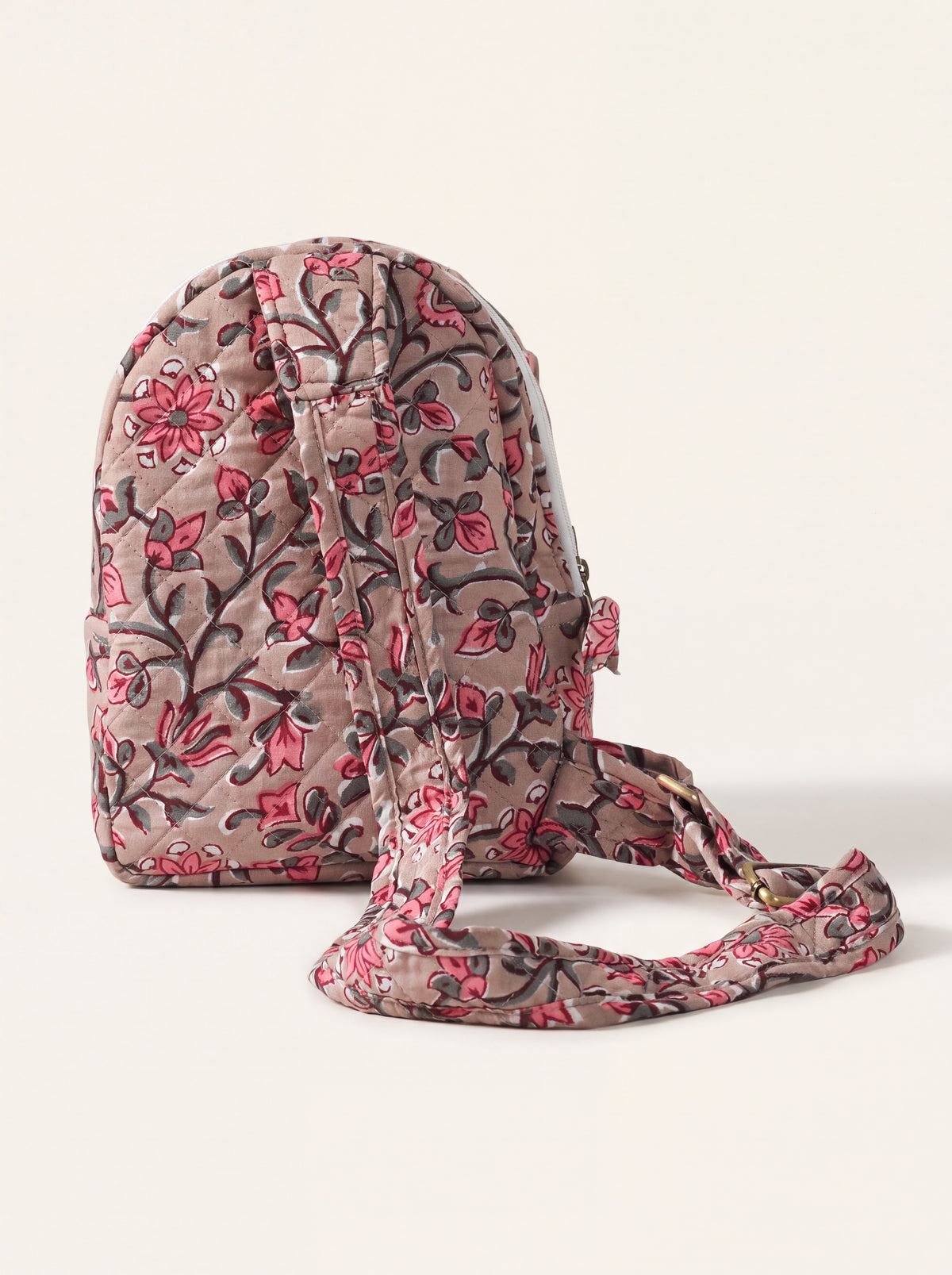 Back view of Rosewood quilted cotton backpack with adjustable padded shoulder straps.
