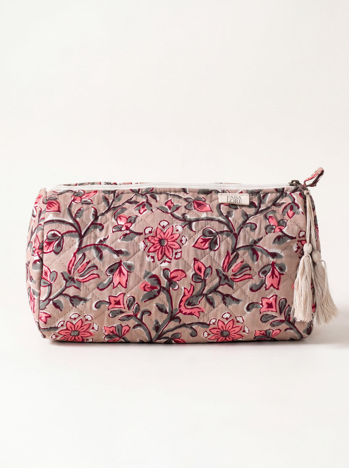 Large Fabalore Rosewood quilted floral pouch with cream zipper and tassels.