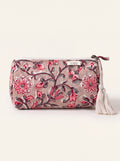 Small Fabalore Rosewood quilted floral pouch with cream zipper and tassels.