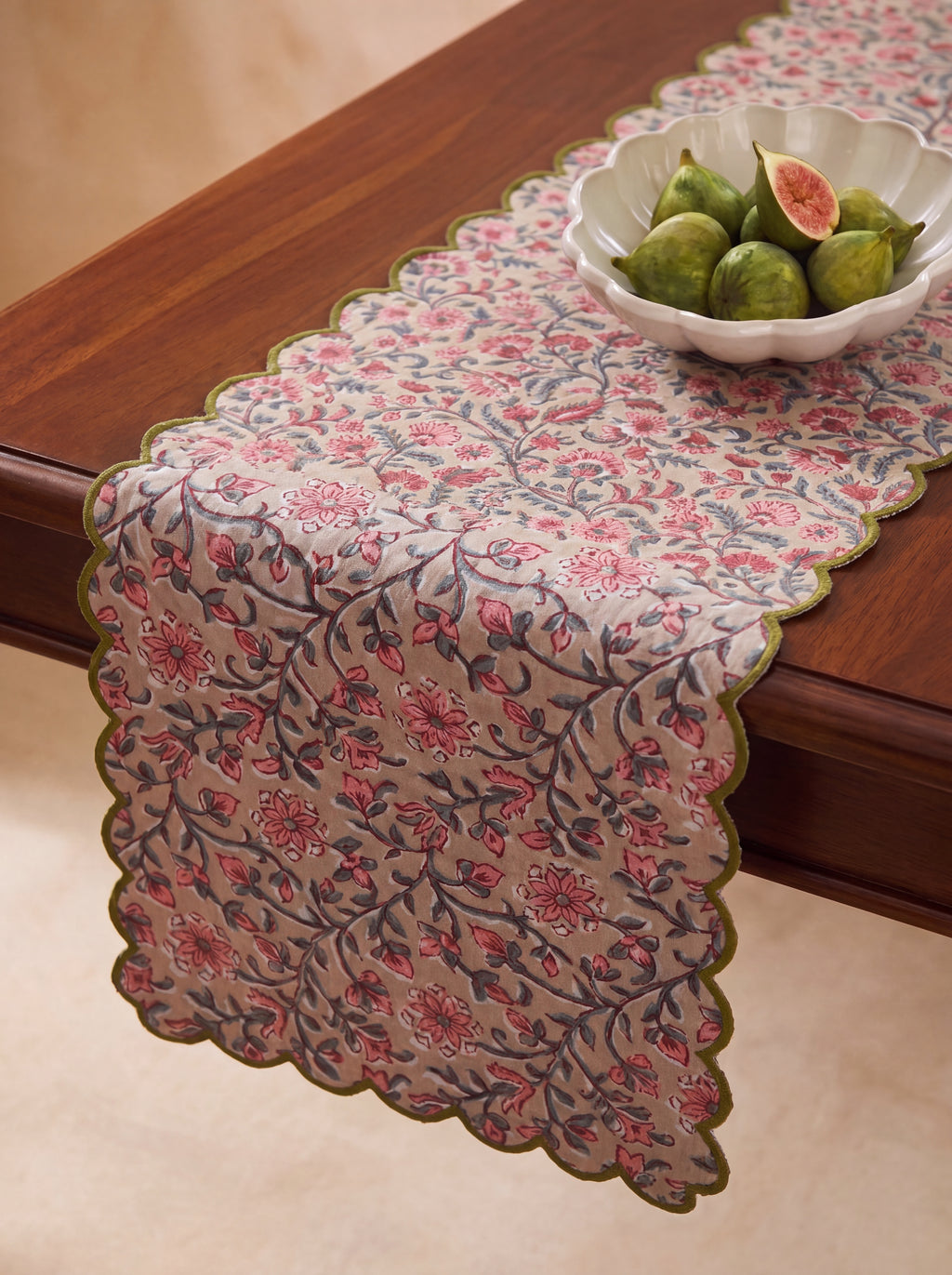  Rosewood floral cotton table runner styled across a wooden dining table