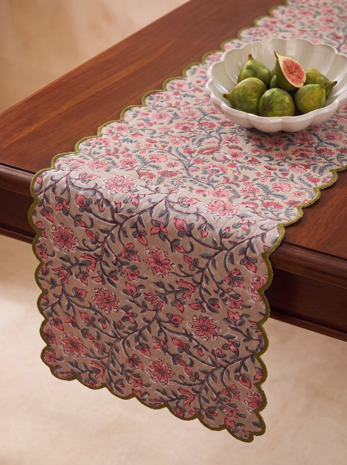  Rosewood floral cotton table runner styled across a wooden dining table