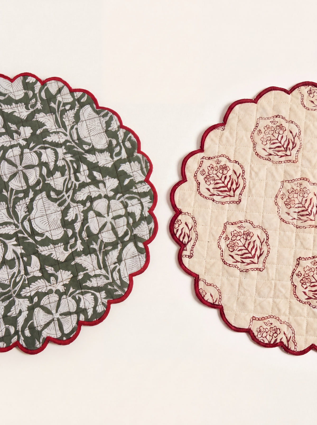 Woodland Vine reversible placemat showing olive botanical front and cream floral reverse