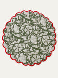 Woodland Vine olive and ivory botanical quilted cotton placemat with red scalloped edge